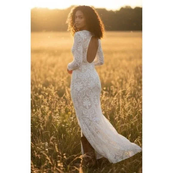chinese dress ladies Vintage Mermaid V-neck Open Back Ivory Lace Wedding Dresses, Elegant  Wedding Gown,MW405 main image 1